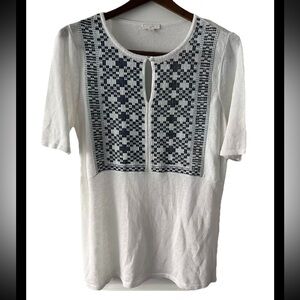 J. Jill Knit Short Sleeve Linen Blend Sweater Top MED Lightweight White & Blue